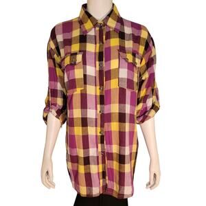 YOM YOM womens colorful plaid button down shirt 3X cotton carved metal buttons